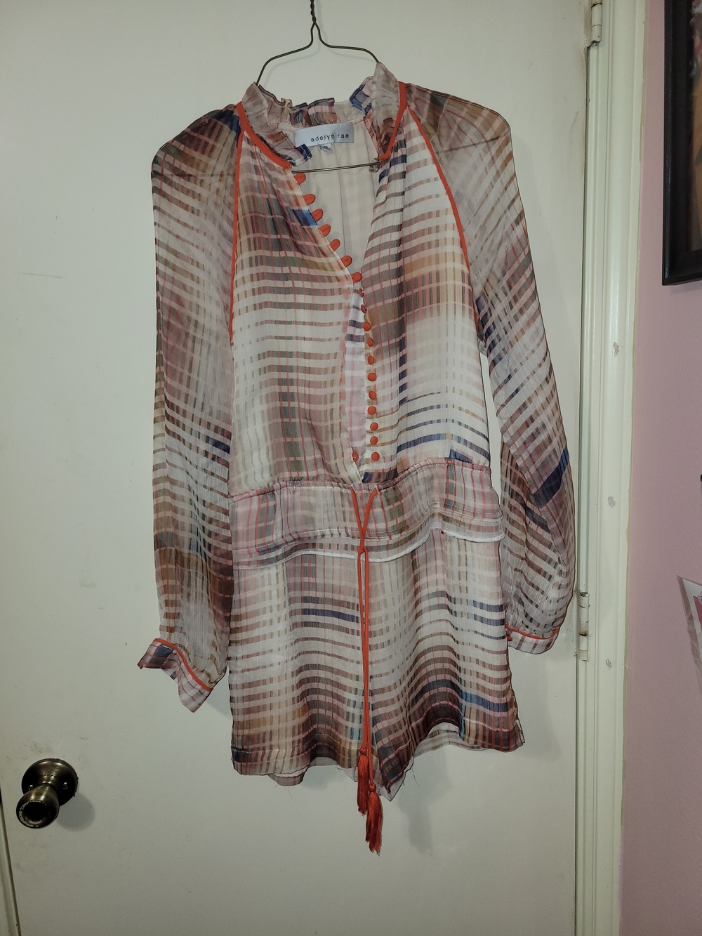 Lightweight Sheer Plaid Peasant Blouse in Multi-Color